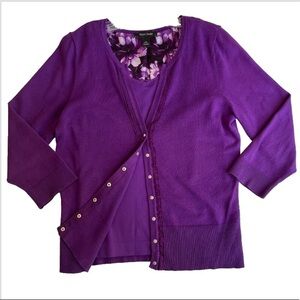 WHBM Purple Cardigan (L) Tank (M) Set Ruffle Detail Snap Button Business Casual